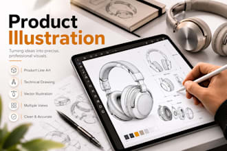 create product illustration, product line art, vector art and technical drawing