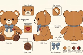 draw a plush toy reference sheet for manufacturing