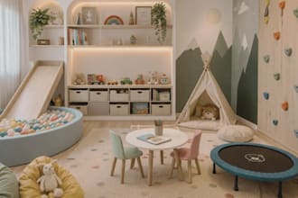 design a beautiful kids room, nursery, playroom with 3d rendering