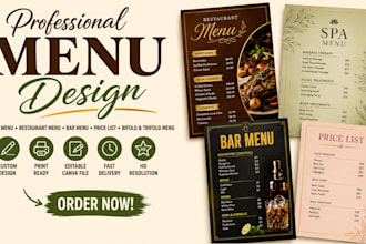 editable canva restaurant menu planner, bifold and trifold food menu price list