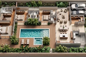 design 3d architecture modern luxury layout, outdoor space, bedrooms, dining