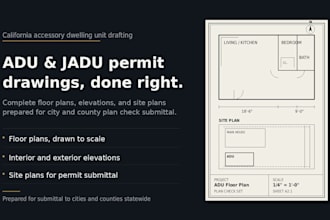 draw california adu permit drawings, jadu floor plans elevations, site plan