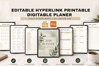 editable etsy digital planner kdp journal hyperlinked planner canva design