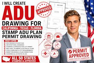 create adu drawing for california, texas, florida stamp adu plan permit drawing