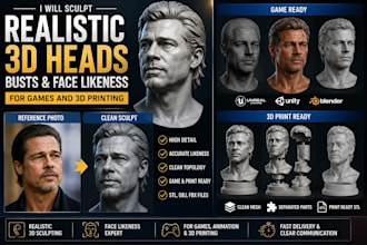 sculpt 3d head models, busts and face likeness for games and 3d printing
