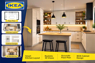 redesign your ikea kitchen with cabinets, layout, floor plan and 3d rendering