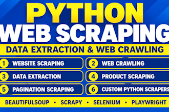 build python web scraping, data extraction, web crawling and website scraping