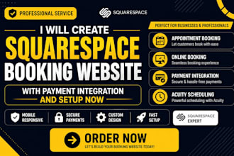 create squarespace booking website with payment integration and setup now