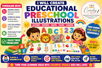 create 2d preschool illustrations for alphabet numbers shapes colors nd learning