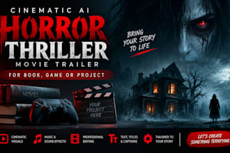 make a cinematic ai horror thriller ai movie trailer for book, game or project