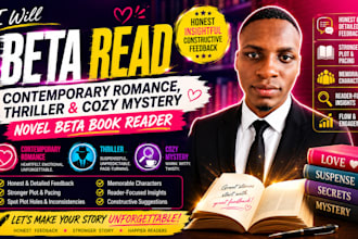 beta read contemporary romance, thriller cozy mystery novel beta book reader