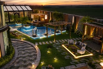 do realistic backyard landscape design, patio, front yard design, garden in 3d