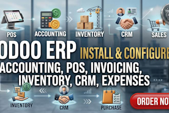 install fix configure odoo pos, invoicing accounting inventory, CRM and expenses
