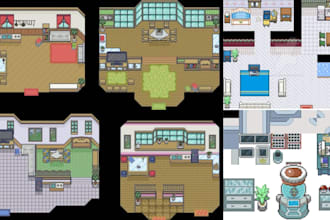 create pokemon style pixel interior tileset, interior map and gba game floorplan