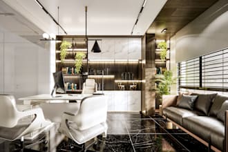 design a modern office interior with 3d realistic rendering
