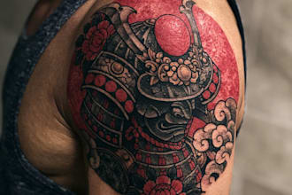 illustrate detailed japanese tattoo artwork with symbolic elements
