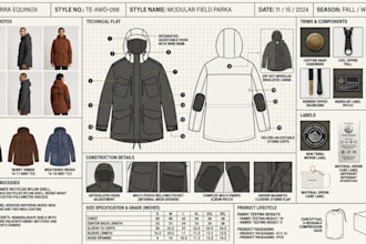design a fashion tech pack with flat sketch for garment manufacturers