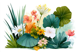 draw botanical illustrations of flowers, plants, line art