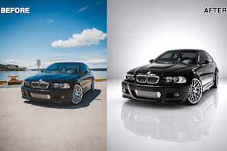 do professional car photo editing, background change and realistic reflection