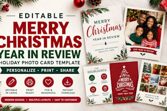design editable merry christmas canva year in review holiday photo card template