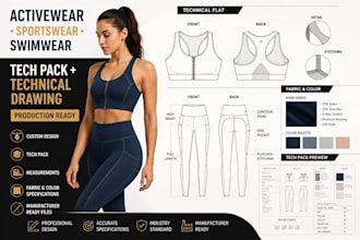 design custom activewear swimwear sportwear with techpack and technical drawing