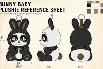 design plush reference sheet tech pack stuffed animal character with ych concept