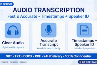 transcribe audio to texts accurately with timestamps and specific labels