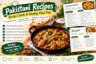 write pakistani recipes , recipe cards and weekly meal plan