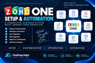 setup zoho one, zoho CRM, books, people, creator zoho analytics and dashboard