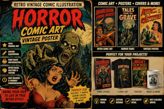 draw retro vintage comic illustration, horror retro comic art, vintage poster