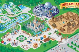 design festival theme park maps, amusement park maps, wayfinding and vector maps