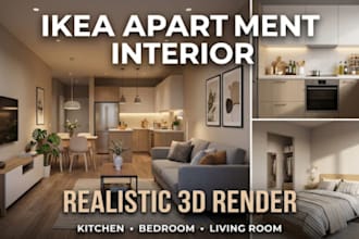 design ikea apartment interior, kitchen, bedroom with realistic 3d render
