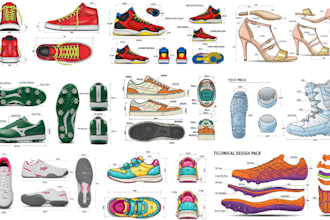 create shoe tech pack, sneakers, boots loafers heels for manufacturing