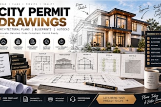 draw city permit drawings, architectural floor plans, blueprints in autocad
