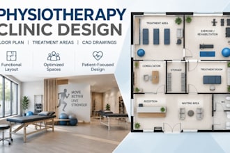 design physiotherapy clinic floor plan, treatment areas and cad drawings