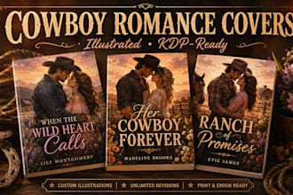 design an illustrated cowboy romance book cover for KDP