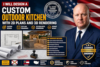 design a custom outdoor kitchen with 2d plans and 3d render