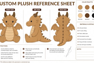 create a plush reference sheet for stuffed animal and toy design
