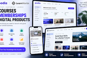 setup podia website, learnworlds course platform and membership site