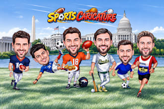 draw custom sports caricatures for golf, rugby, and baseball