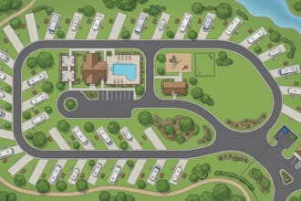 design illustrated rv park map, resort, glamping and campsite map