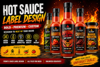 design a bold hot sauce label, sauce bottle label, BBQ sauce label, chili sauce