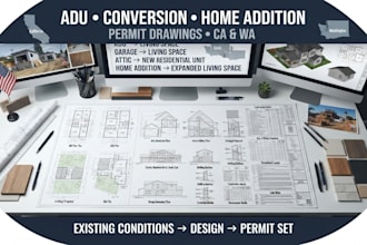 do attic, garage conversion, adu, jadu and home addition permit drawing in ca,wa