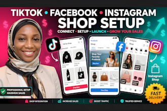 setup tiktok shop, facebook shop, instagram shop, shopify store