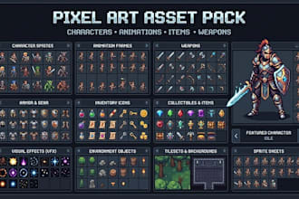 design 8bit 16bit retro pixel art characters icons weapons sprite sheet