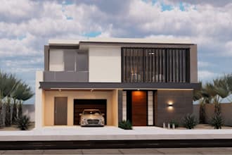 modern elevation 3d single family home,cubic layout,carport garage,balcony decor