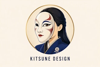 design woman character with japanese mask logo with source file in 12 hours