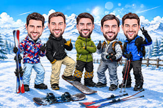draw a custom winter ski caricature and snowboard caricature