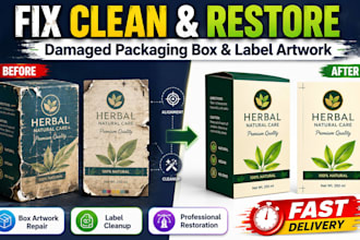 fix clean and restore damaged packaging box and label artwork