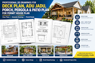 draw 2d deck plan, adu jadu, porch, pergola and patio plan for permit house plan